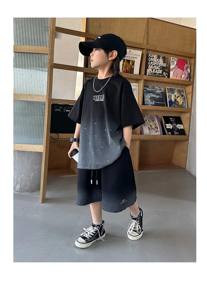 Summer Boys Cotton Leisure Star Print Gradient T-Shirt Top+Shorts Workout Set School Kids 2PCS Tracksuit Children Outfit 5-16 Yr