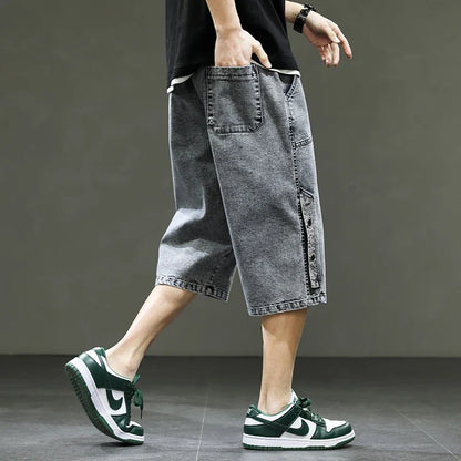 Korean Style Summer Men's Black Wide Leg Denim Shorts New Fashion Casual Baggy Short Jeans Male Plus Size 6XL 8XL YBR602
