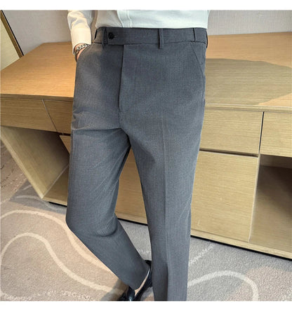 Spring Autumn New Elastic Waist Casual Trousers Male High Waist Dark Striped Slim Fit Pants Men Business Formal Casual Suit Pant