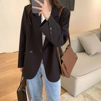 Casual Oversize Khaki Blazer with Shoulder Pads Women Notched Lapel Back Split Suit Coat Female Autumn Fashion Solid Streetwear