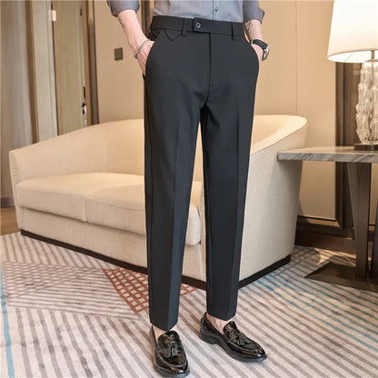 Men's High-Grade Trousers, Stretch Waist, Casual Trousers Slim Fit Navy Blue, Business All-Match，Male Pants