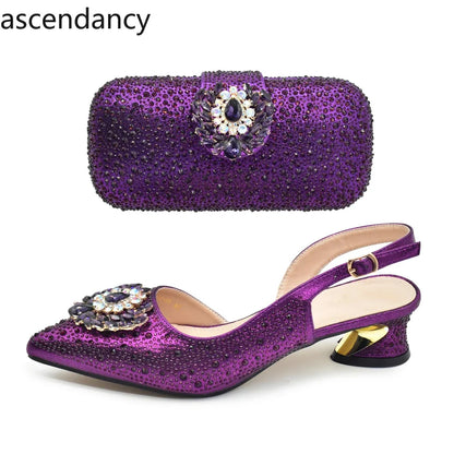 Purple Shoe and Bag Set for Party Women Shoes and Bags To Match Set Italy Elegant Rhinestone Lady Heeled Pumps Women Wedding