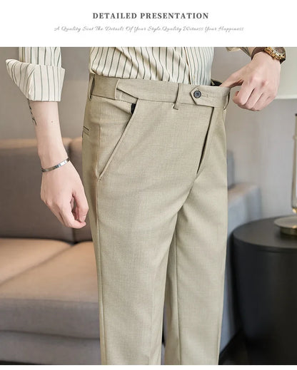 British Style Elastic Waist Men's Casual Slim Fit Trousers Summer High Quality Business Office Dress Wedding Party Suit Pants