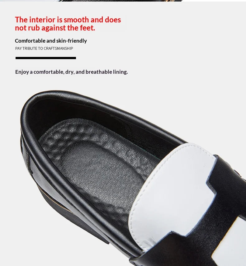 Luxury Brand Loafers Men's Black and White Color Leather Shoes Slip-on Fashion Soft-soled Casual Shoes Party Wedding Moccasin