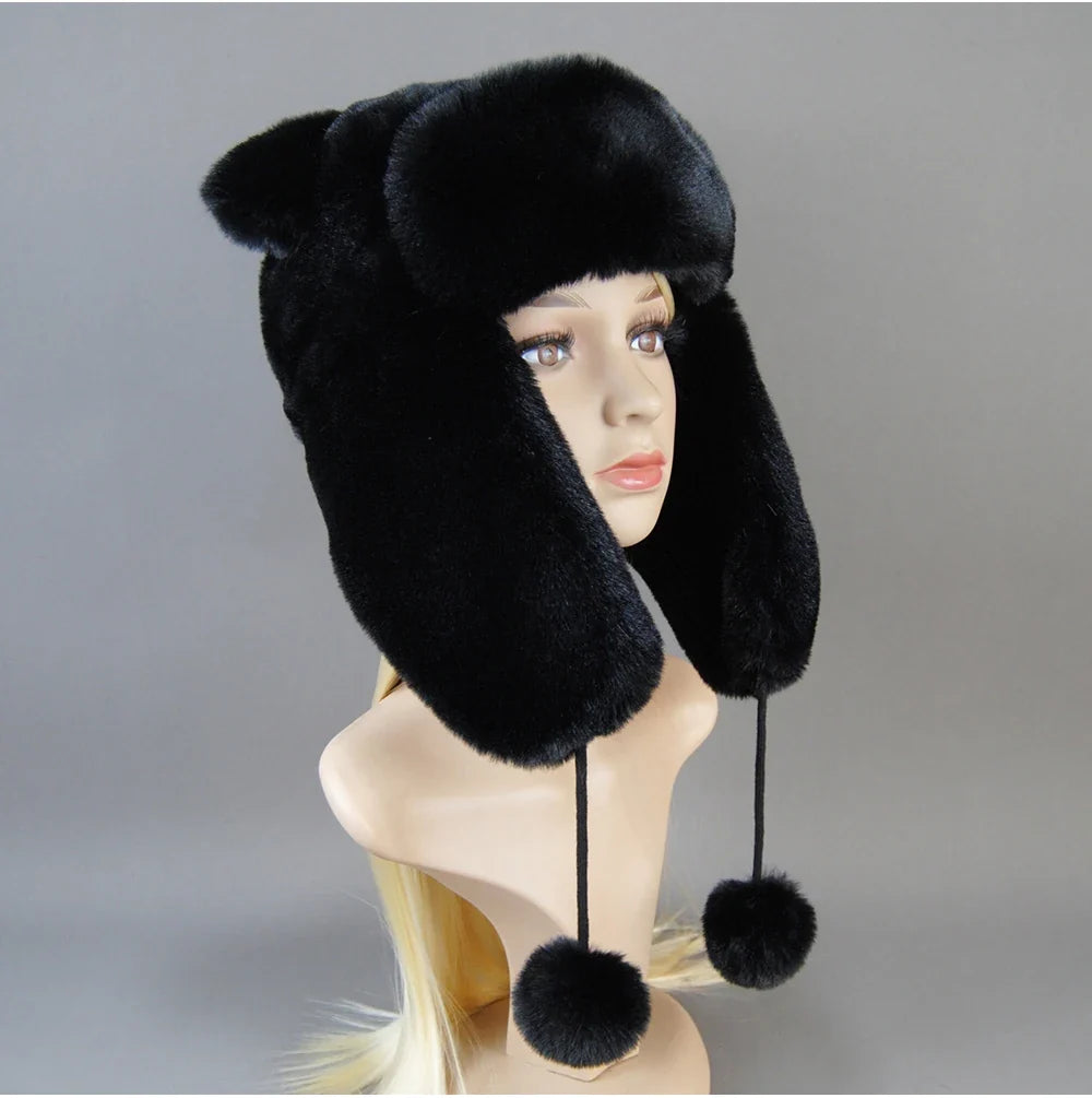 Hot Sale New Women False Rex  Rabbit False Fur Hat Winter Warm Fur Hat Black and White Panda Cute Color Artificial Hat