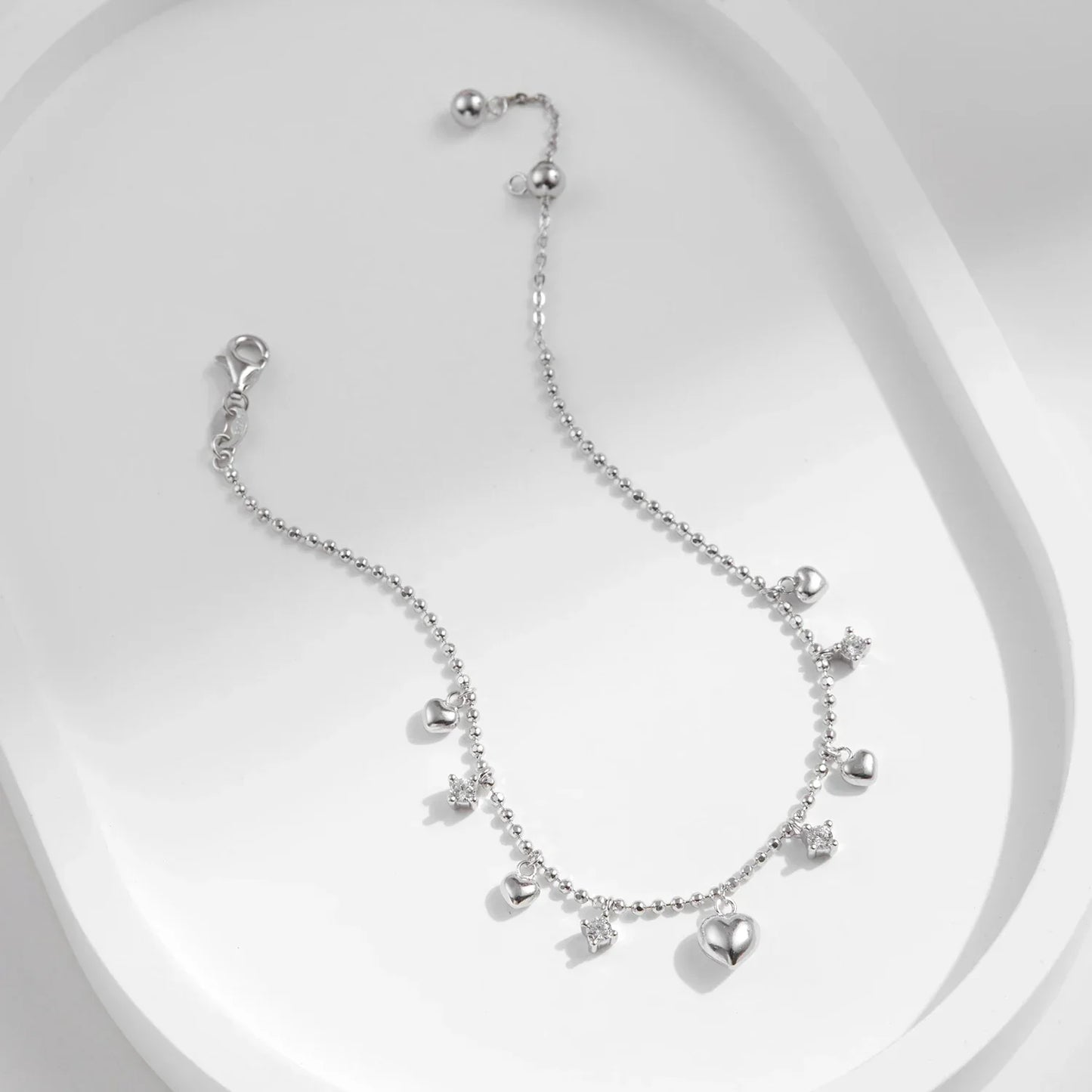 925 Sterling Silver Delicate Mirror Hearts Charm Beads Bracelet Romantic Trendy Link Chain For Women Fine Jewelry
