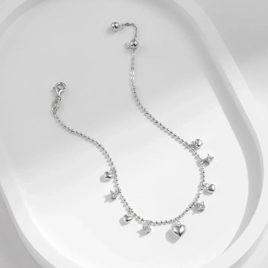 Bracelet à maillons tendance romantique en argent sterling 925 avec breloques cœurs miroir délicats pour femme