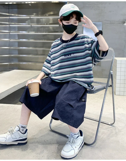 2026 Children Summer Clothes Set for Teen Boy Cotton Striped T-Shirt Shorts Two Pieces Outfit Suit Kids Clothing 5 7 9 11 13 14Y