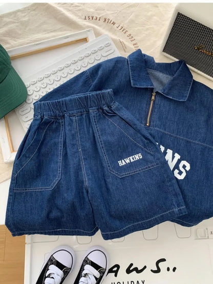 Boys Cotton Summer Suit 2026 New Baby Fashion Print Clothes Children Korean Handsome Short-sleeved Shirt + Denim Shorts 2pcs Set