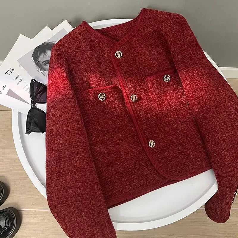 Spring Autumn New Single Breasted Pockets Round Neck Short Women Suit Jackets Long Sleeve Black WineRed Ladie Blazer Tops Trend