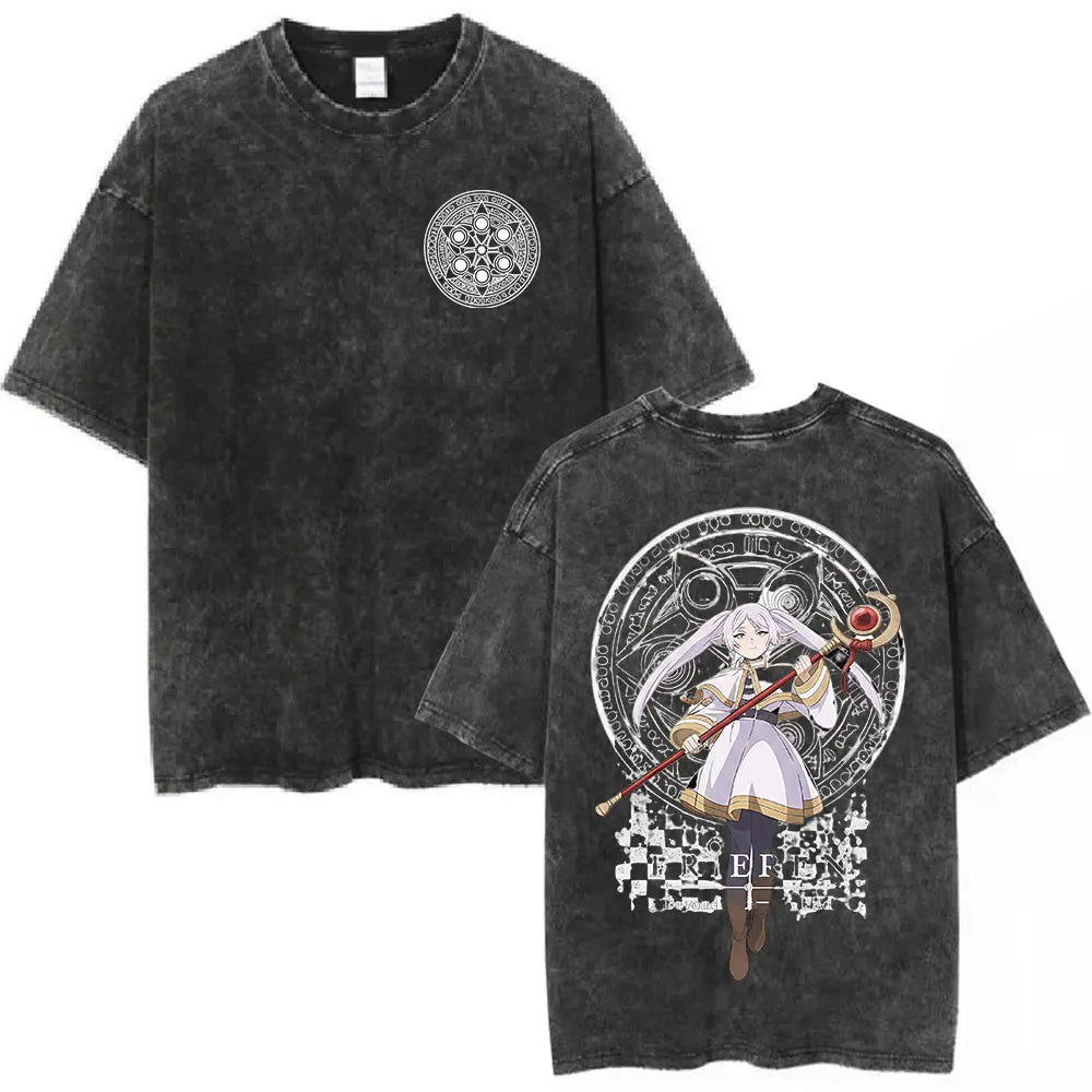 Anime Frieren: Beyond Journey's End Graphic Washed Vintage T-shirt Men's Women Fashion Short Sleeve Cotton Casual Loose T Shirts
