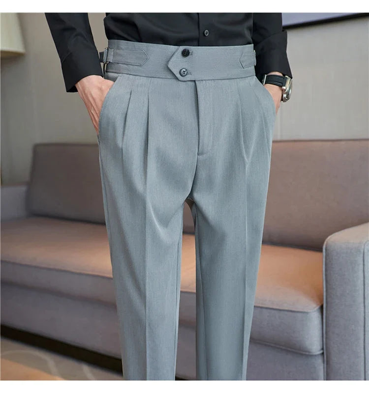 British Style Autumn New High Waist Trousers Men Belt Design Slim Fit Suit Pants Office Social Wedding Party Formal Pants Hommes