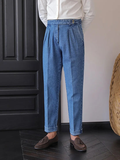 Italian Style Men's High Waist Business Neapolitan Jeans Draped Cuffed Straight Leg Western Pants Youth Trendy Wear Resistant