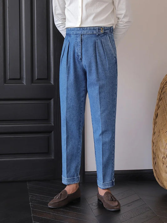 Italian Style Men's High Waist Business Neapolitan Jeans Draped Cuffed Straight Leg Western Pants Youth Trendy Wear Resistant