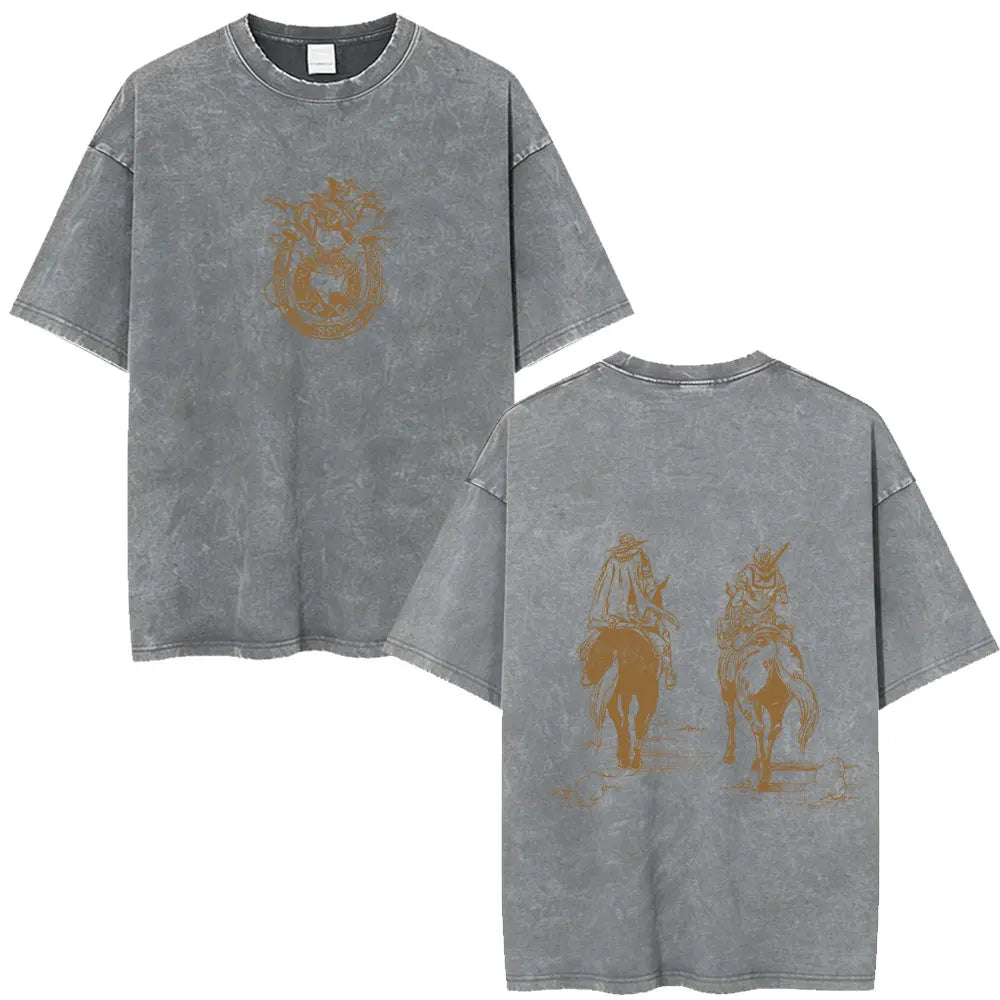 Anime Jojo Bizarre Adventure STEEL BALL RUN Manga Vintage Acid Washed T Shirt Men Women Casual Short Sleeves T-shirt Streetwear