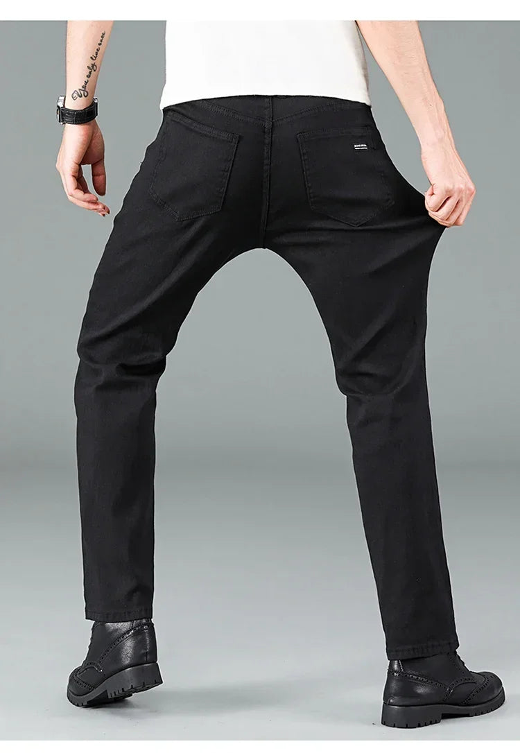 Men's Pure Black Slim Jeans Elastic Straight Pants Business Fashion Leisure Korean Vintage Skinny Small Feet Denim Pants Male