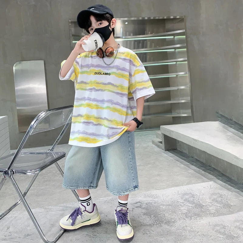 2025 New Arrival Summer Boy Clothing Set Yellow Stripe Tshirt + Denim Shorts Two Pieces Outfit Clothes Set for Kids Child 5-14T