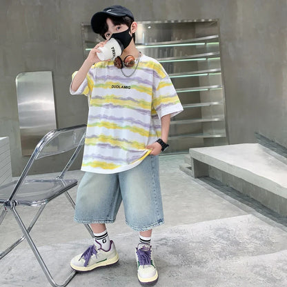 2025 New Arrival Summer Boy Clothing Set Yellow Stripe Tshirt + Denim Shorts Two Pieces Outfit Clothes Set for Kids Child 5-14T