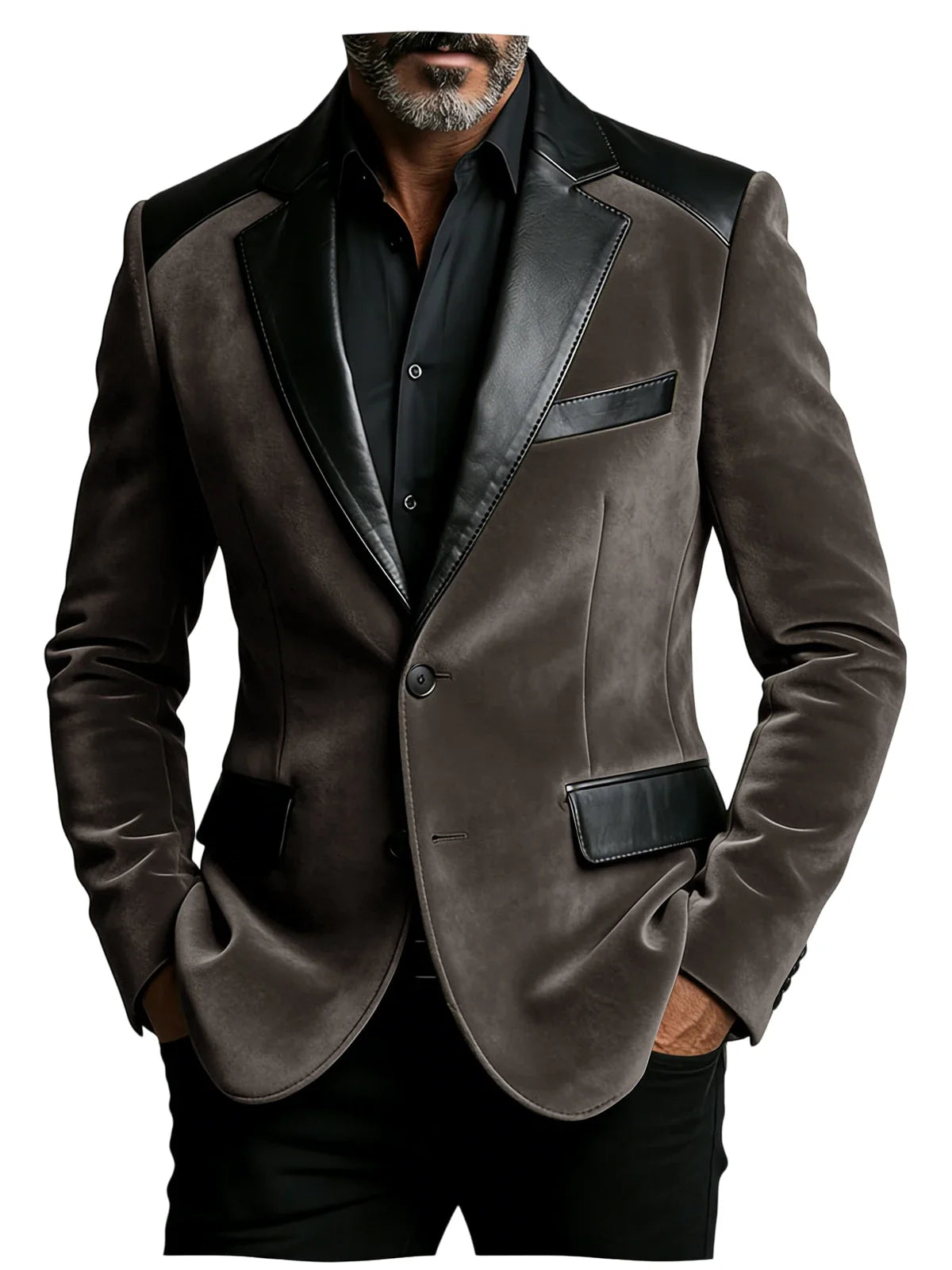Men's Camel Velvet Blazer with Leather Patchwork Slim Fit Formal Casual Tuxedo Jacket Two-Tone Business Suit Coat