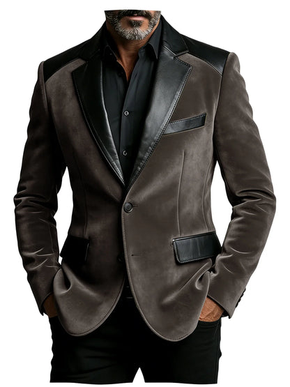 Men's Camel Velvet Blazer with Leather Patchwork Slim Fit Formal Casual Tuxedo Jacket Two-Tone Business Suit Coat