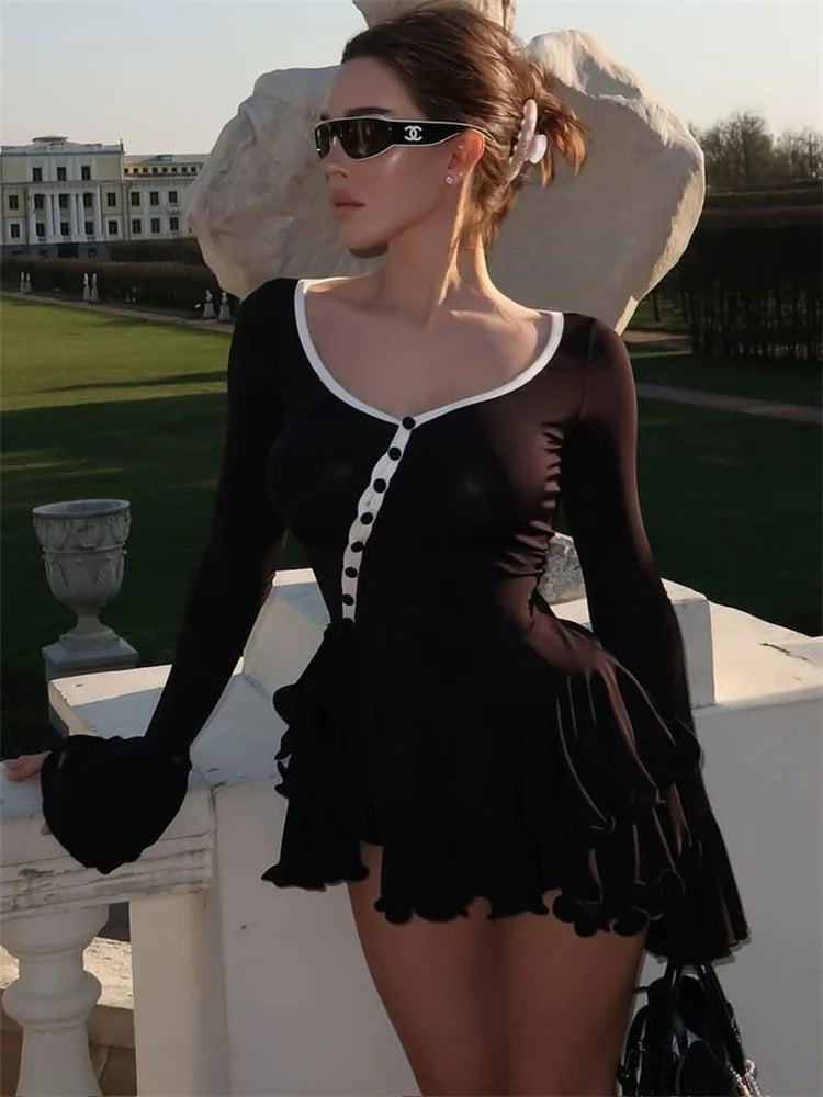 Fashion Ruffled V-Neck Mini Dress Women High Waist Patchwork Sexy Long Sleeve Commute Dress Female Summer Party Bodycon Dress