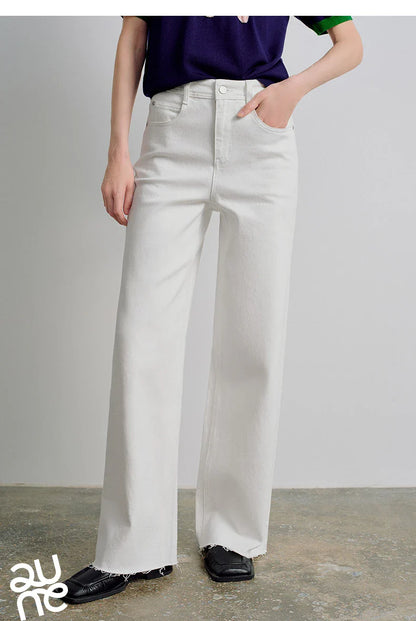 Women Jeans 2026 Spring New Black Label Lycra Stretchy White Frayed Cuff Loose Wide-Leg Pants