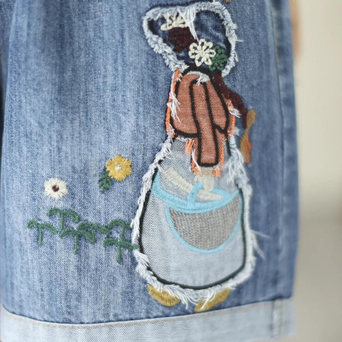 Embroider Shorts Jean For Women Summer Japanese Style Ethnic Elastic Waist Blue Flowers Embroidery Denim Shorts y2k