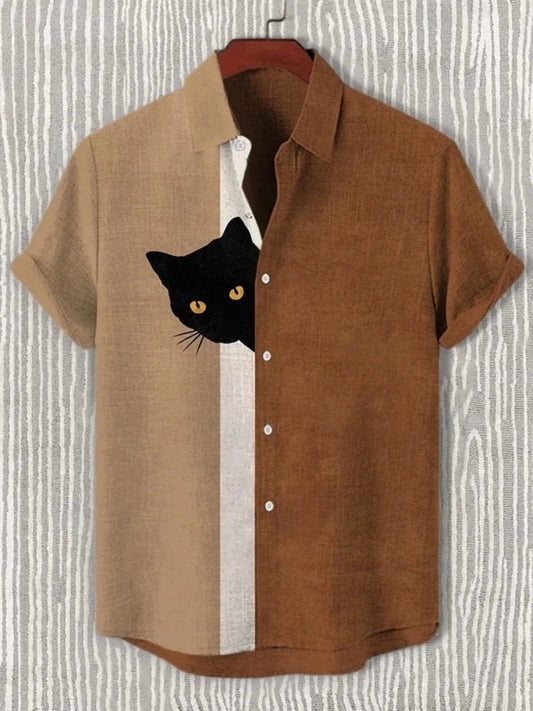 Men's Funny Shirts Harajuku Japanese Men Fun Hide And Seek Black Cat Print Casual Shirt 2025 Summer Holiday 3D Printing Blouse T