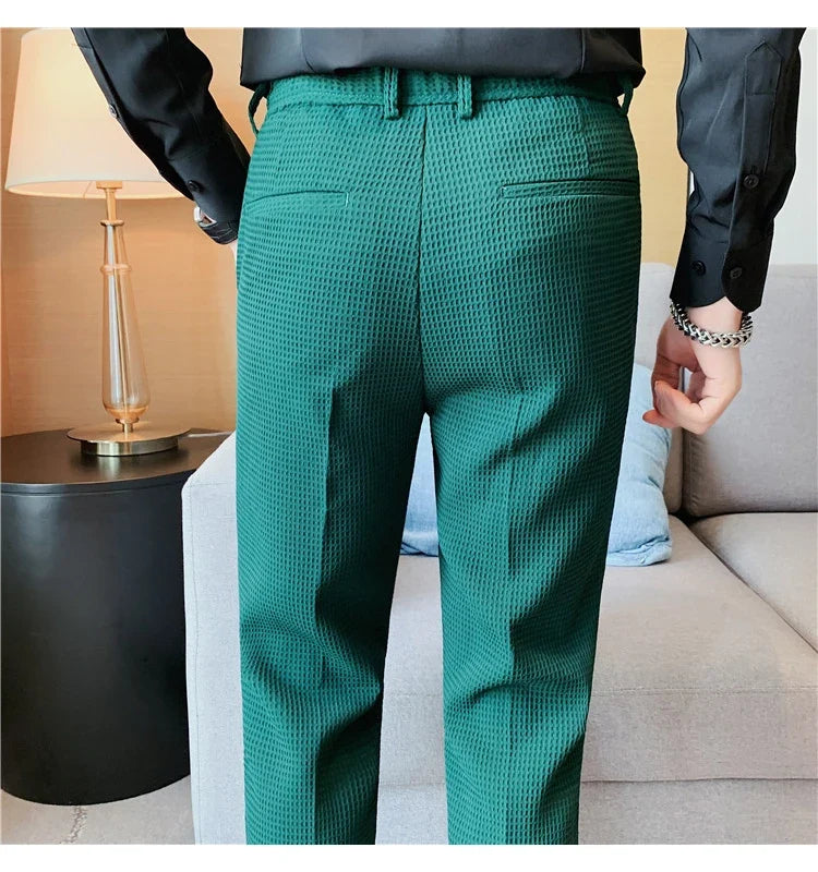 2024 Autumn New Waffle Stretch Waist Business Formal Pants Men Fashion Wedding Slim Trouser Mens Brand Social Party Suit Pants