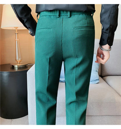 2024 Autumn New Waffle Stretch Waist Business Formal Pants Men Fashion Wedding Slim Trouser Mens Brand Social Party Suit Pants