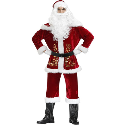 2024 New Man Santa Claus Suit Adult Christmas Cosplay Costume Red Deluxe Velvet Fancy 8pcs Set Xmas Party Family Costume Outfits
