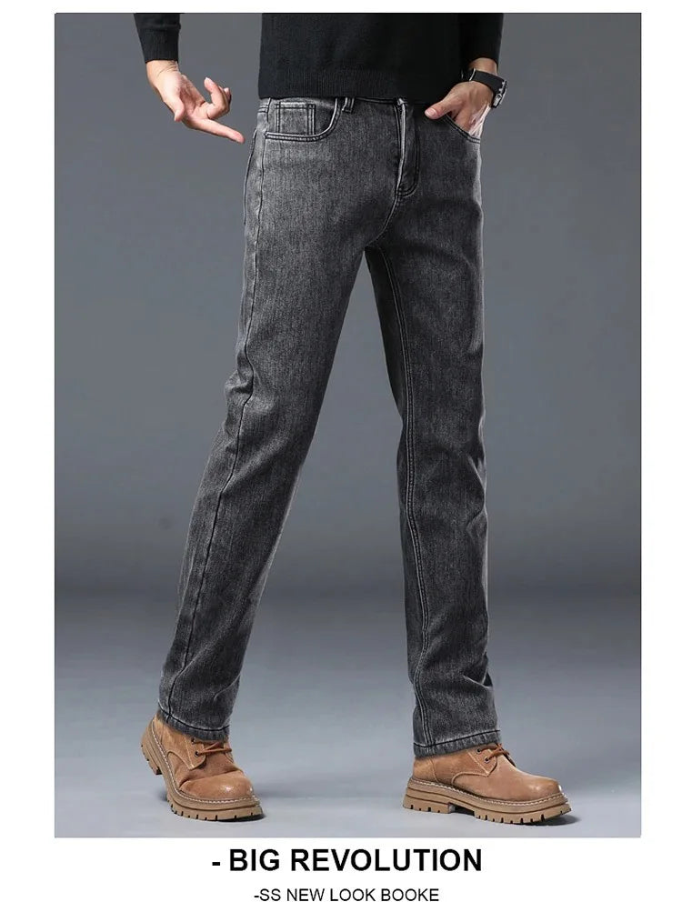 Winter Warm Jeans Men's Slim Straight Elastic Denim Pants Casual Male Clothing Fashion Plush Trousers New Hot Sale Fashion Jeans