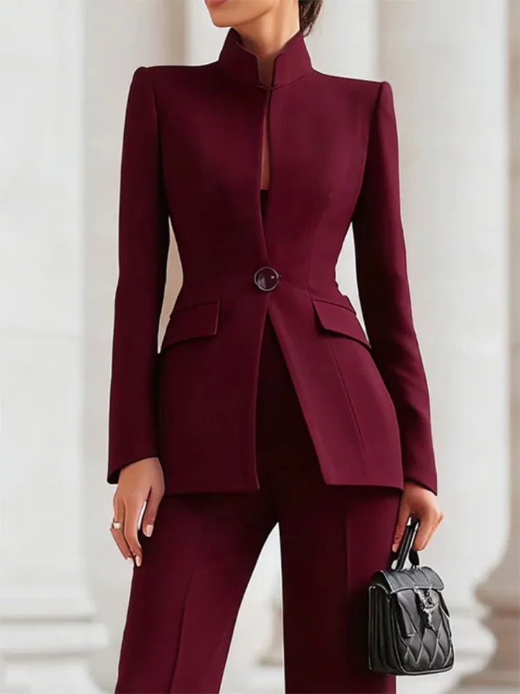 Yeezzi Women's Stand Collar Formal Office Business Blazer Long Sleeves Slim Fit Single Button Pockets Solid Color Outerwears