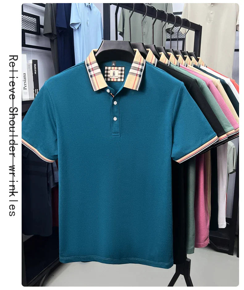 Luxury brand short sleeve polo shirt men fashionable simple solid color summer mercerized cotton breathable casual lapel T shirt