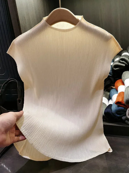 Miyake Versatile Classic Simple Solid Color Stand Up Collar Pleated Top Women Slim Slim Short Sleeve Miyake T-shirt Summer 2025