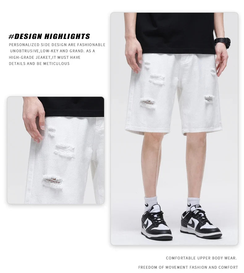 Summer New White Casual Men's Denim Shorts Ripped Fashion Loose Straight Street Bermuda Jeans Male Hole Short Pants