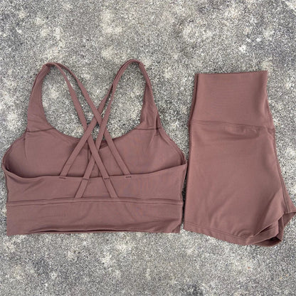 Yoga Shorts Set Gym Sports Set Women Workout Clothes 2 Piece Fitness Suit Cross Straps Bra High Waist Shorts Running Tracksuit