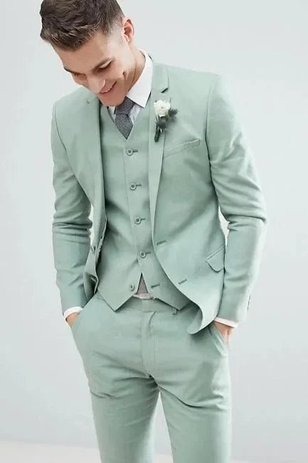 Green Notch Lapel Men Suits Costume Homme Wedding Slim Fit Prom Terno Masculino Blazer Groom Wear 3 Pcs Jacket+Pant+Vest