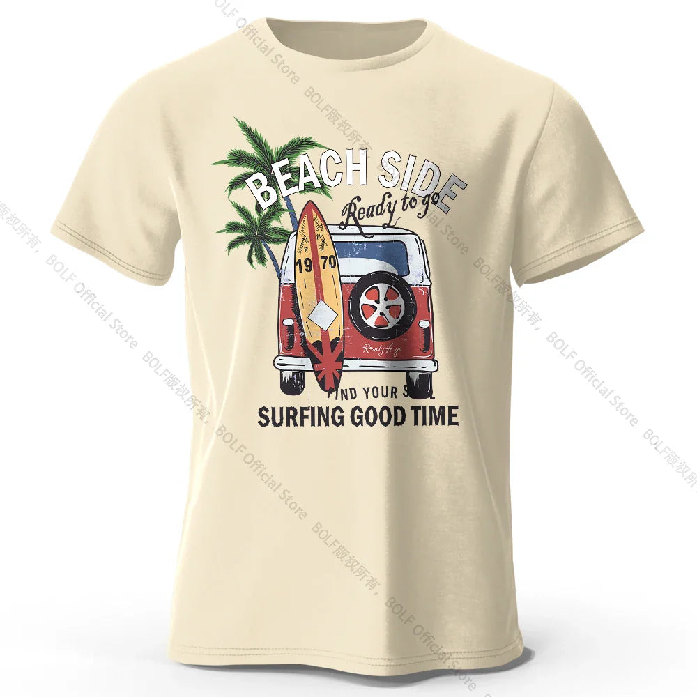 Vintage Surf Badge Printed Unisex Men Women T-Shirt Tees Tops 100% Cotton Retro Wave Graphic Beach Club Wear