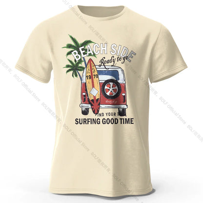 Vintage Surf Badge Printed Unisex Men Women T-Shirt Tees Tops 100% Cotton Retro Wave Graphic Beach Club Wear
