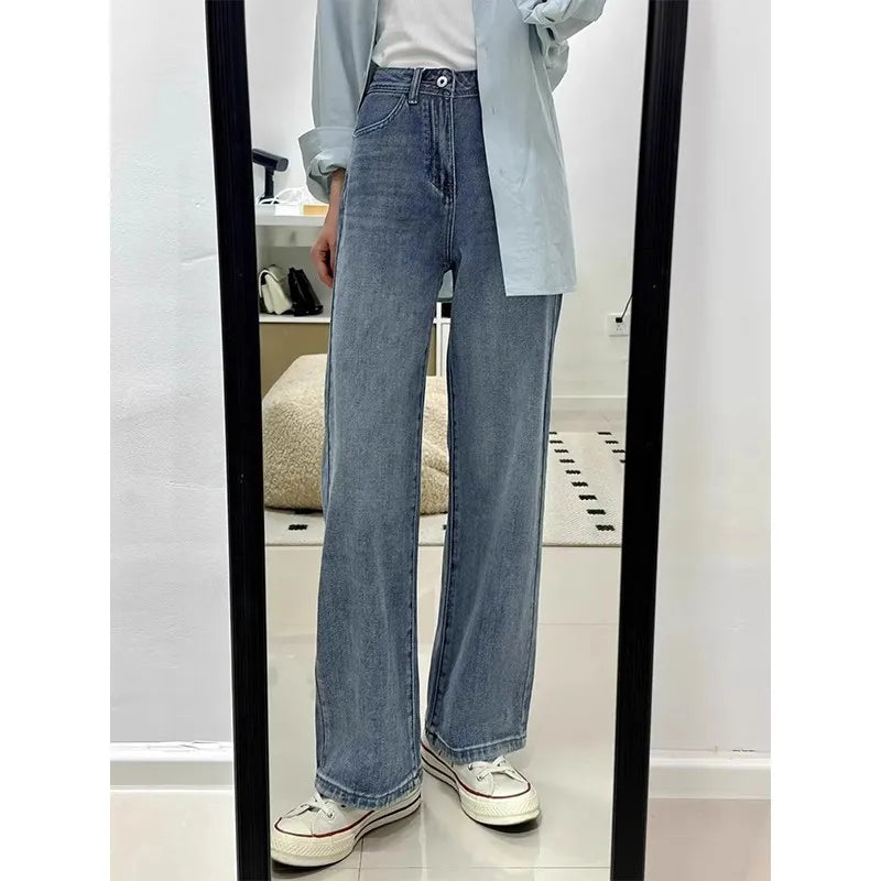 White Slim Wide Leg Denim Jeans Women's Spring New Large Size Casual Pants Loose Straight Hip Covering Slimming Effect