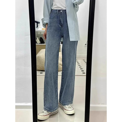 White Slim Wide Leg Denim Jeans Women's Spring New Large Size Casual Pants Loose Straight Hip Covering Slimming Effect