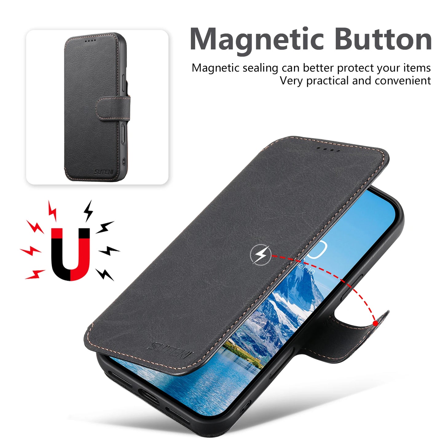 Faux Leather Wireless Charging Card Holder Stand Wallet Magnetic Flip Cover Phone Case For iPhone 17 Pro Max 16 Plus 15 14 13