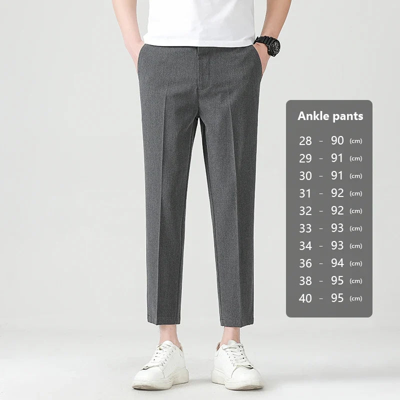 High Quality Lyocell Blend Summer Ankle Length Pants Men Business Elastic Waist Formal Suit Korean Social Work Trousers Male 40