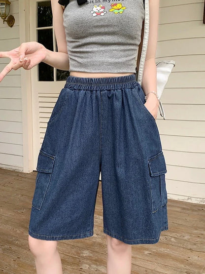 2026 Summer New Women's Denim Shorts Straight Trendy Loose Versatile Dad Shorts Thin Japanese Style Knee-length Pants