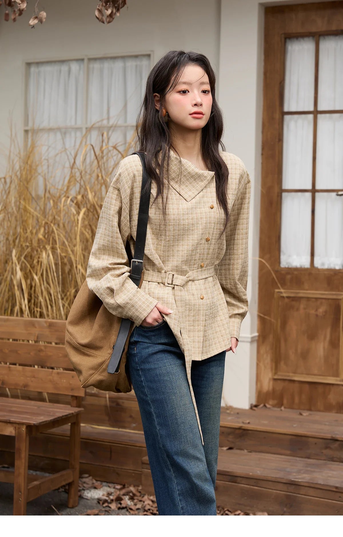 Women Casual Shirt 2025 Autumn Winter Fashion Belt Design Asymmetrical Retro Long Sleeves Shirt Women Clothes MXE88C2417