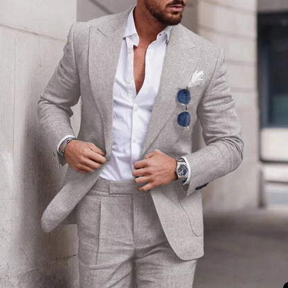 Men's 2 Piece Linen Suit Slim Fit Notch Lapel Casual Blazer Jacket & Trousers Business Wedding Party Formal Dress Set for Men