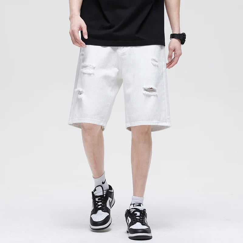 Summer New White Casual Men's Denim Shorts Ripped Fashion Loose Straight Street Bermuda Jeans Male Hole Short Pants