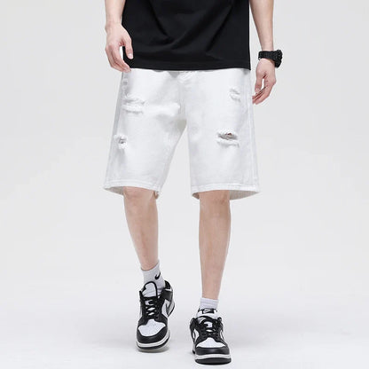 Summer New White Casual Men's Denim Shorts Ripped Fashion Loose Straight Street Bermuda Jeans Male Hole Short Pants