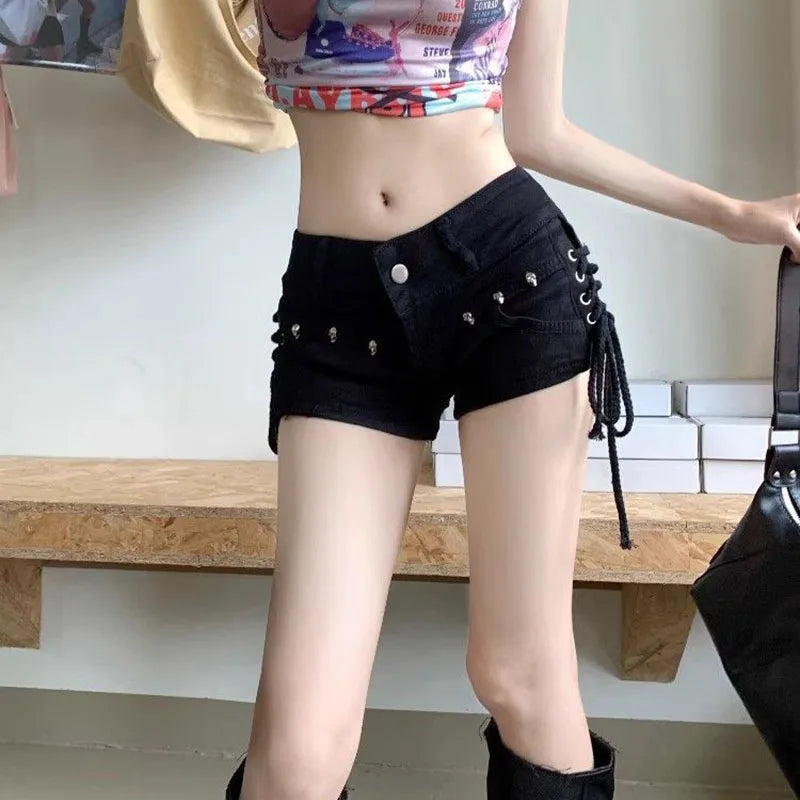 Black Gothic Punk Denim Shorts for Women Creativity Lace-Up Popular Y2K Cowboy Short Pants Lady Sexy Skinny Elastic Jean Shorts